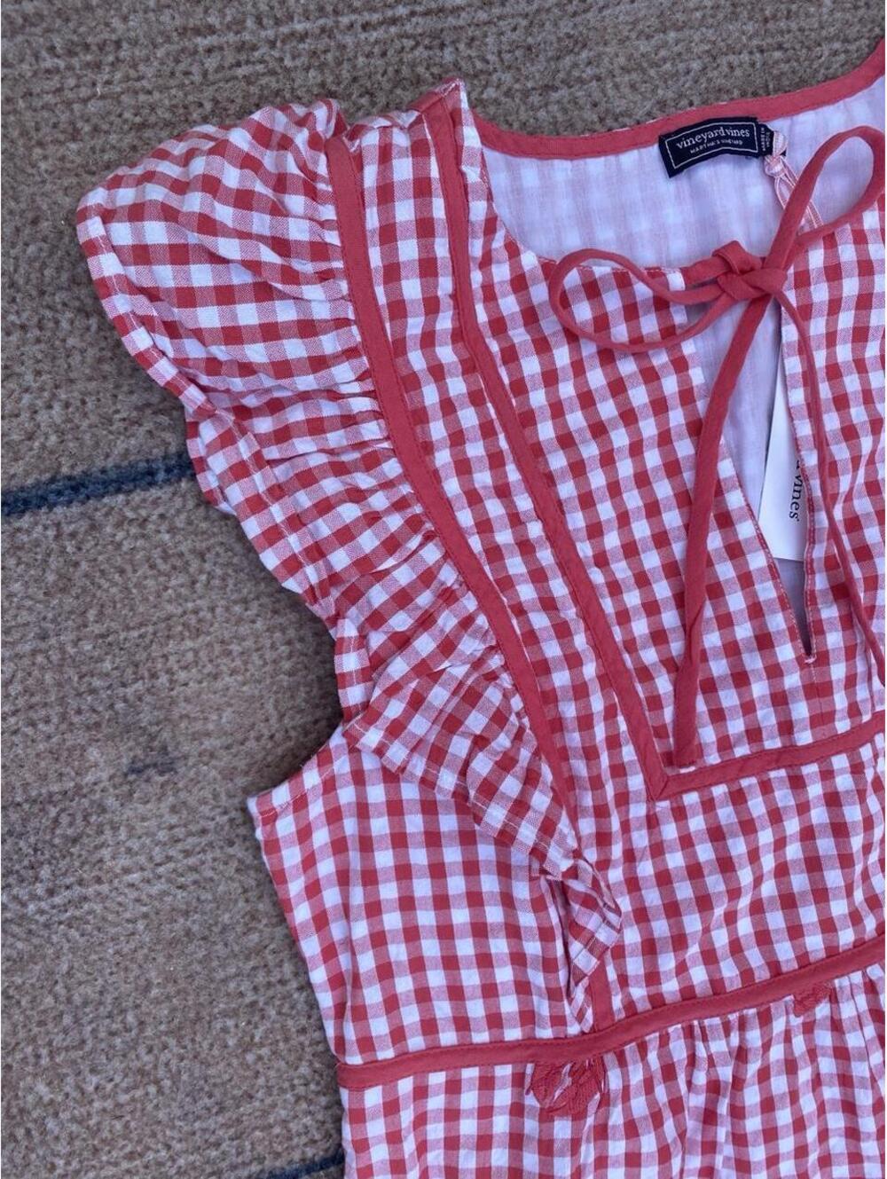 Vineyard Vines Ainsley Lobster coastal cottagecore checked ruffle dress small - Picture 2 of 8